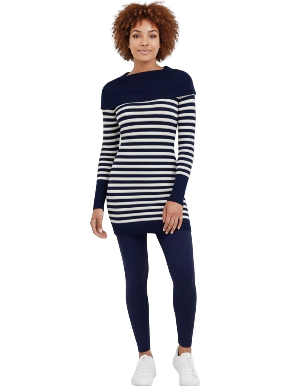 CACHET Navy Silver and White Striped Cowl Neck Women's Sweater Size Medium